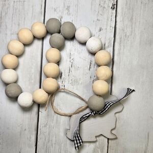 Hand Painted Wooden Bead Garland with Bunny - Gray, Cream, White